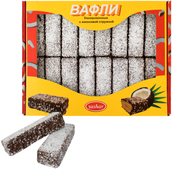 Кокос учкундары менен глазурланган вафли